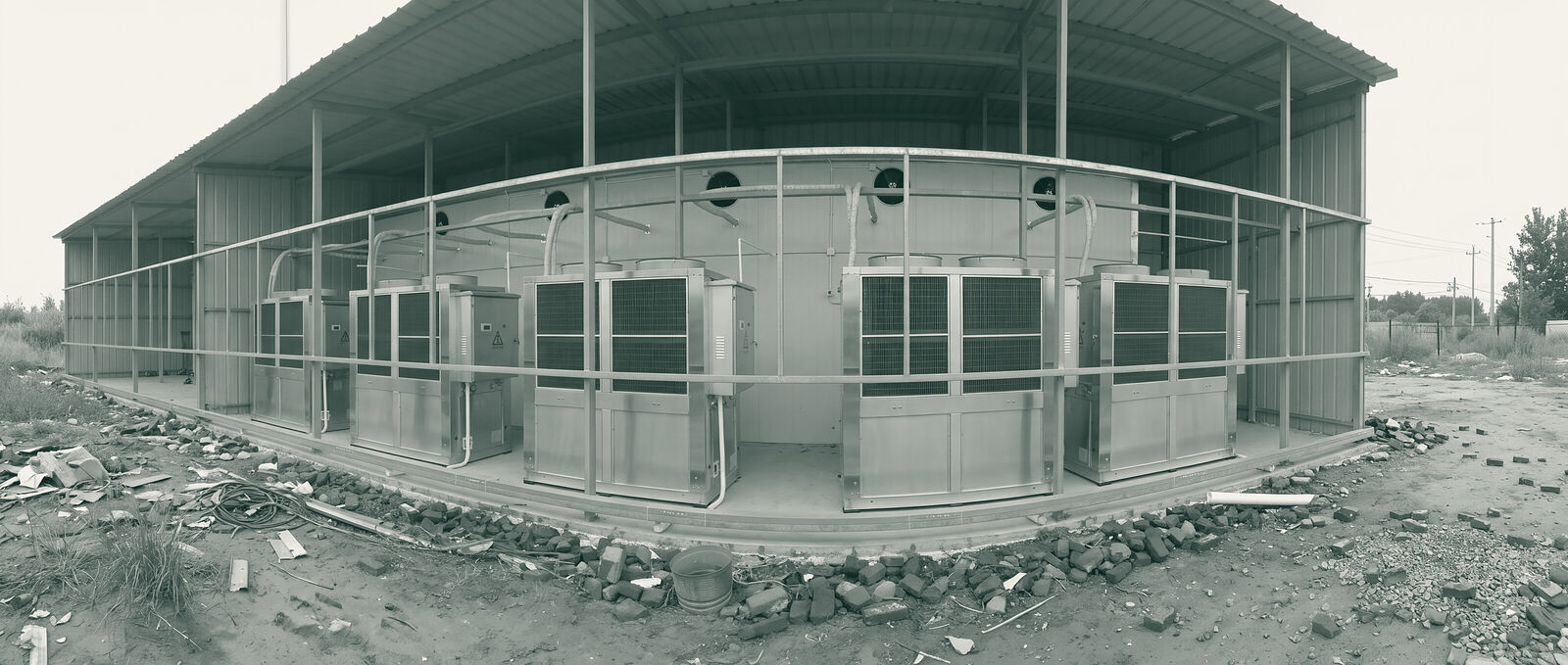 Grain-drying site · heat-pump hot-air path (photo from the original proposal, historical reference)